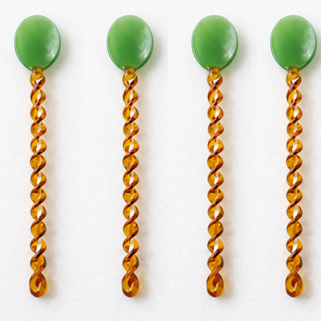 The Empty Space 4-Piece Tri Colored Twisted Borosilicate Glass Stirring Spoons, Reusable Drink/Cocktail/Coffee/Dessert Mixing Sticks, Mixing Spoon for Tea Sugar,Bar, Home, & Parties ; Amber