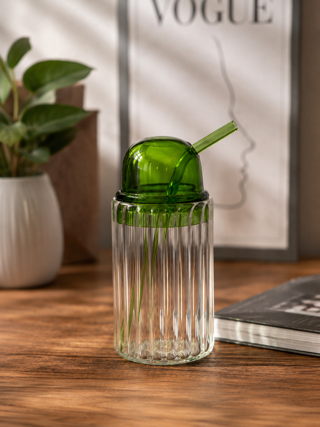 Premium Ribbed Glass Tumbler with Glass Lid & Straw | Borosilicate Drinking Glass for Iced Coffee, Juice, Smoothies & Cold Beverages | Lightweight Aesthetic Glass Cup (Green Tumbler) - Image 2