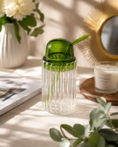 Premium Ribbed Glass Tumbler with Glass Lid & Straw | Borosilicate Drinking Glass for Iced Coffee, Juice, Smoothies & Cold Beverages | Lightweight Aesthetic Glass Cup (Green Tumbler)