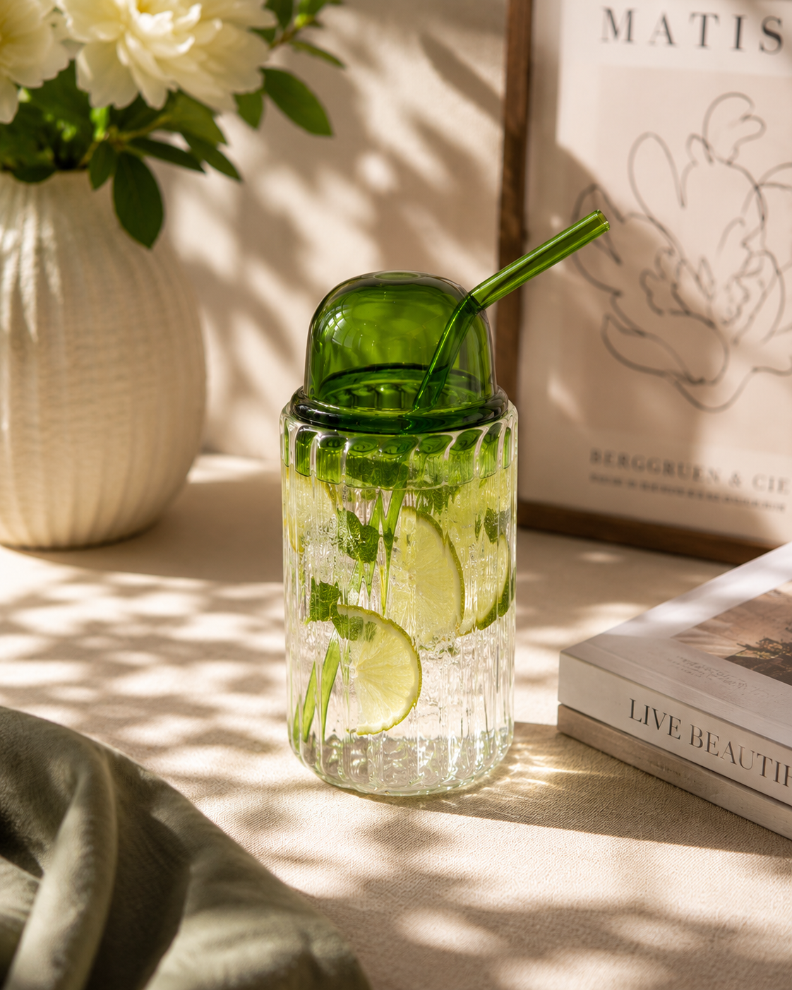 Premium Ribbed Glass Tumbler with Glass Lid & Straw | Borosilicate Drinking Glass for Iced Coffee, Juice, Smoothies & Cold Beverages | Lightweight Aesthetic Glass Cup (Green Tumbler) - Image 4