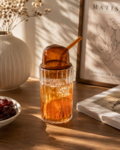 Premium Ribbed Glass Tumbler with Glass Lid & Straw | Borosilicate Drinking Glass for Iced Coffee, Juice, Smoothies & Cold Beverages | Lightweight Aesthetic Glass Cup (Amber Tumbler)