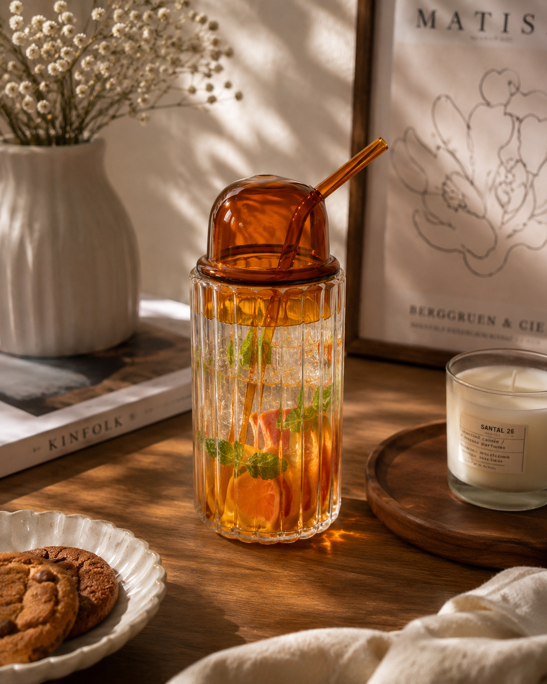 Premium Ribbed Glass Tumbler with Glass Lid & Straw | Borosilicate Drinking Glass for Iced Coffee, Juice, Smoothies & Cold Beverages | Lightweight Aesthetic Glass Cup (Amber Tumbler) - Image 4