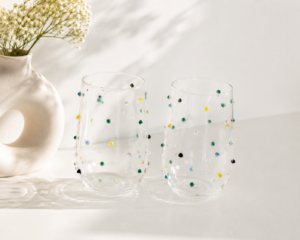 Handcrafted Borosilicate Glass Water Glasses Set of 2 | Colorful Confetti Dot Juice Glasses | Drinking Glasses for Water, Juice, Cocktails & Mocktails | Modern Beverage Glasses