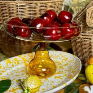 The Empty Space Handcrafted Glass Cake Stand with Pear-Shaped Amber Base | Decorative Serving Bowl for Fruits, Dry Fruits, Snacks, Desserts & Centerpiece | Glass Bowl for Dining Table & Home Decor