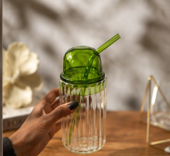 Premium Ribbed Glass Tumbler with Glass Lid & Straw | Borosilicate Drinking Glass for Iced Coffee, Juice, Smoothies & Cold Beverages | Lightweight Aesthetic Glass Cup (Green Tumbler) - Image 5