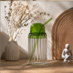 Premium Ribbed Glass Tumbler with Glass Lid & Straw | Borosilicate Drinking Glass for Iced Coffee, Juice, Smoothies & Cold Beverages | Lightweight Aesthetic Glass Cup (Green Tumbler) - Image 6
