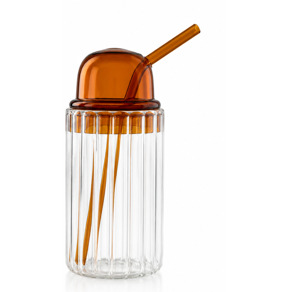 Premium Ribbed Glass Tumbler with Glass Lid & Straw | Borosilicate Drinking Glass for Iced Coffee, Juice, Smoothies & Cold Beverages | Lightweight Aesthetic Glass Cup (Amber Tumbler) - Image 5